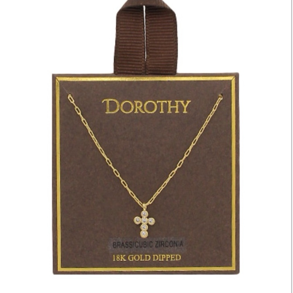CZ Mini Gold Cross Pendant Necklace 18k gold dipped lobster clasp 16”L